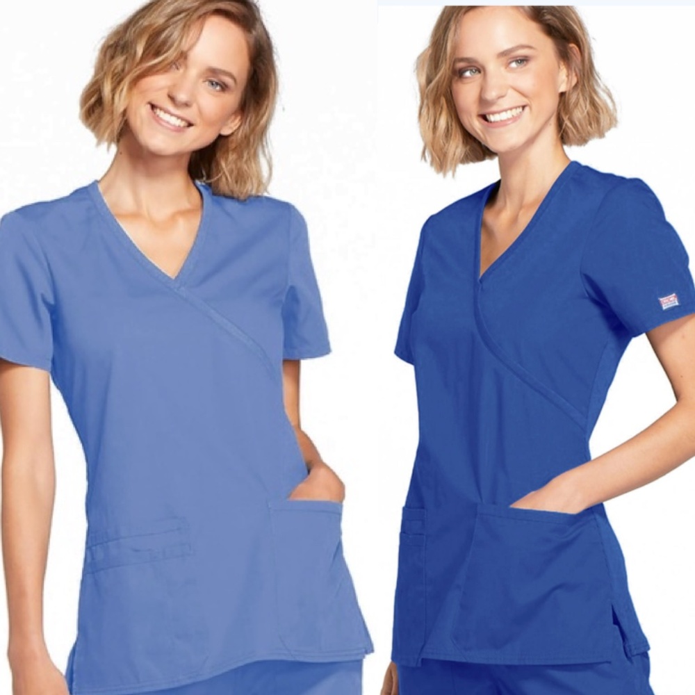 2 CHEROKEE Mediums CORE STRETCH CIEL and ROYAL BLUE SCRUBS TOPs sold together